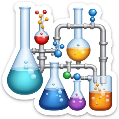 An icon featuring chemical flasks with tubes, representing hydrolysis, along with liquids, powders, and chemical formulas. The design includes molecules and reaction symbols, symbolizing the study of chemical processes and compounds. Transparent background highlights the science of reactions. sticker