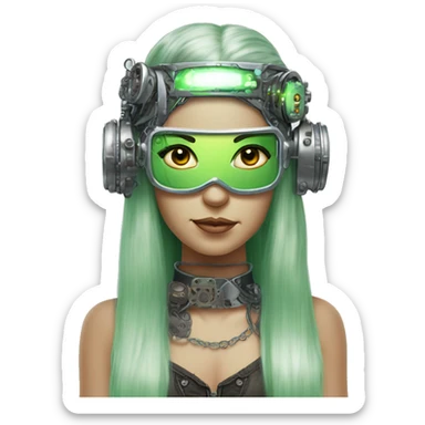 Light green long hair female cyborg head with silver steampunk headband goggles, circuits sticker