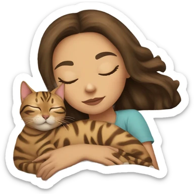 LIGHT skin brunette girl sleeping with bengal cat sticker