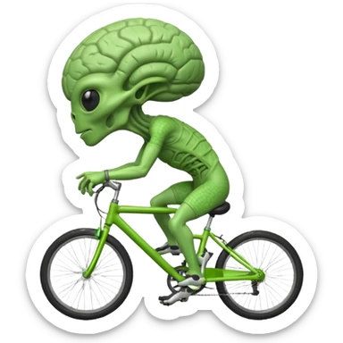 big-brain alien riding a bicycle, oversized head, visible brain texture, intelligent but clumsy cycling pose, sci-fi cartoon vibe, 3D cartoon, mobile game icon style, clean background, no text, no watermark
 sticker