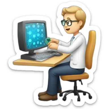 a man with computer making experiments sticker