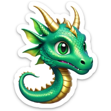 Cinematic Cute Dragon Portrait Emoji, Head tilted playfully and inquisitively, featuring a sleek, serpentine form adorned with iridescent scales that shift between emerald and gold, a delicate set of subtle horns, and round, sparkling eyes full of curious magic; rendered with realistic detail and warm natural light, high shine, affectionate and enchanting, styled with a touch of whimsical fantasy, soft glowing outline, capturing the essence of a mischievous yet lovable dragon that seems poised to slither playfully into your arms! sticker