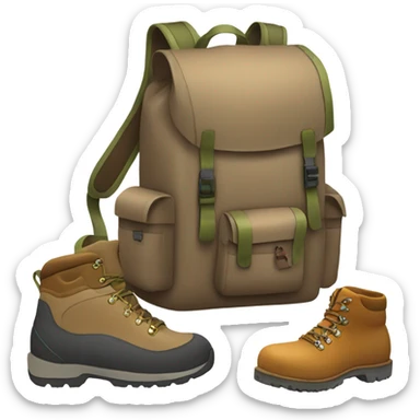 A backpack and boots on a trail with a mountain in the background. sticker