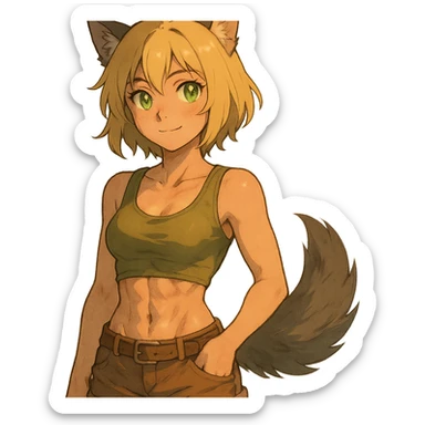 anime style furry girl with wolf ears and tail, short blonde hair, green shining eyes, hourglass figure, attractive abs, soft skin, evening vibe, ghibli style sticker