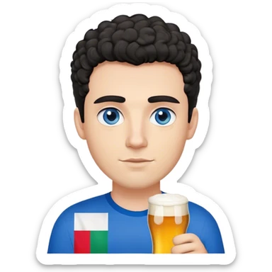 white guy thick eyebrows blue eyes with short curly black hair holding beer wearing a shirt with the italian flag sticker