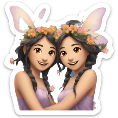 two fairies flying, beautiful, flowers in hair, smiling, aesthetic,asian girls sticker