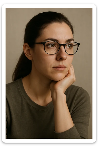 upper body portrait of a woman with long pulled back dark brown hair, hazel eyes, and glasses, looking thoughtful sticker