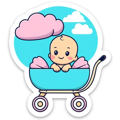 happy baby sitting in pink and beige stroller with pastel blue clouds decoration sticker