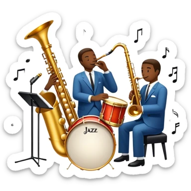 Icon for Jazz Music: The Jazz Messengers, featuring a dynamic composition with Art Blakey on drums and musicians playing saxophone, trumpet, and piano. Musical notes and a warm jazz club atmosphere emphasize the vibrant hard bop style. Transparent background. sticker