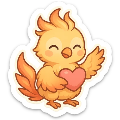 mythical emote showing care and affection, cute phoenix with soft feathers, holding a heart or giving a warm gesture, magical and friendly sticker