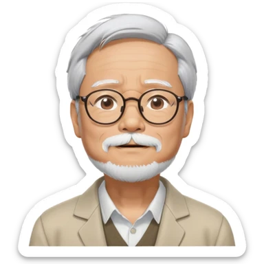 _cinematic-realistic-portrait-of-hayao-miyazaki,-depicted-with--large-rectangular-glasses,-his-happy-expression-rendered-in-lifelike-detail,-illuminated-with-soft,-realistic-lighting-that-emphasizes-his-creative-genius, his eyes closed  sticker