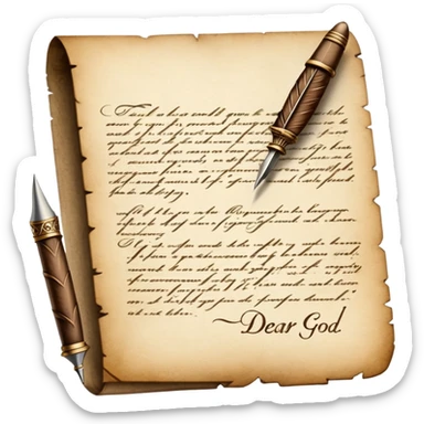Letter with "Dear God" header and quill pen sticker