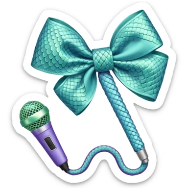 A pastel blue bow with a pastel a pastel green snake at the top of one side and a pastel purple microphone on the bottom of the other side of the bow sticker