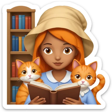 Brown girl with a bonnet on reading a book with her orange cat laying next to her sticker