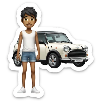 slender indian boy on shorts standing next to a white mini cooper sticker