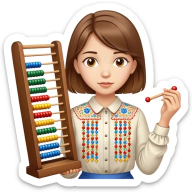 A Ukrainian girl with brown hair in an embroidered shirt holds an Abacus sticker