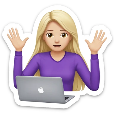 lady with long blonde hair, purple top throwing her with a laptop hands in the air saying why sticker