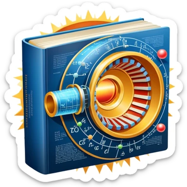An icon featuring a physics textbook, a large Hadron Collider with particles flying off, symbolizing the study of physics. The design includes atomic models, energy waves, and scientific formulas, representing fundamental physical principles and research. Transparent background. sticker