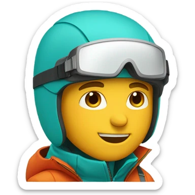 white Skier man wearing ORANGE JACKET and wearing a RED HELMET and wearing TURQUOISE PANTS sticker