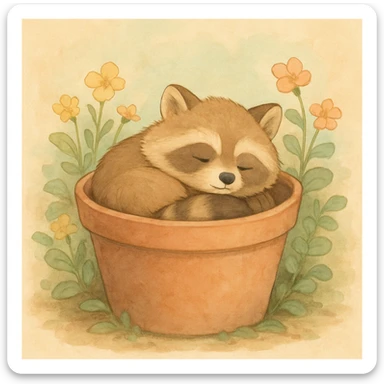 Sleepy raccoon inside a flower pot, pastel earthy colors, soft pastel colors, high-quality design, Ghibli style sticker