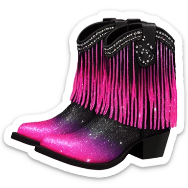 Realistic neon pink to black ombre pair of fashion cowgirl boots with sparkly shiny glitter fringe on them. sticker