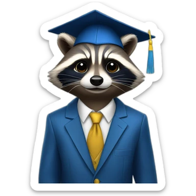 A raccoon student in a suit in the color of the Ukrainian flag in a square academic cap sticker