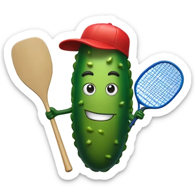 pickle with legs, wearing a jersey, mouth smiling, wearing cap, holding a solid red paddle ball racket, blue backgound, wearing sunglasses sticker