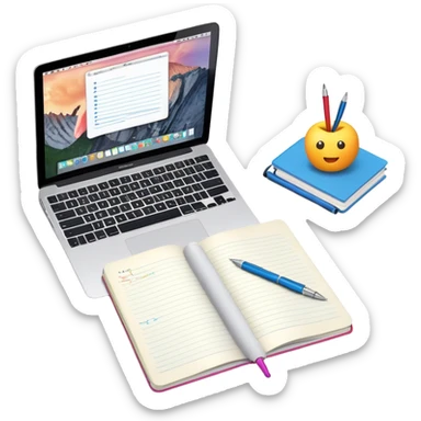 top view of a MacBook and a notebook with a pen nearby, notebook with visible notes sticker