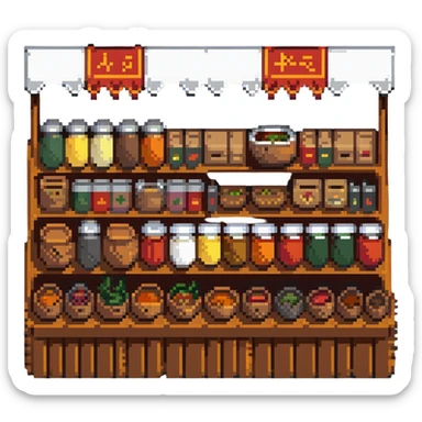 Spice market stall with colorful mounds of different spices sticker