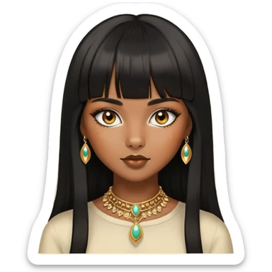 brownskin girl, fox eyes, black straight hair with bangs above eyebrowns, golden accessories sticker