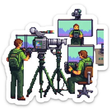 pixel art style, large high resolution image of a film crew collaboration: multiple members (cameraman, sound engineer, director) working together around a broadcast camera, dynamic atmosphere, wide shot, team spirit sticker