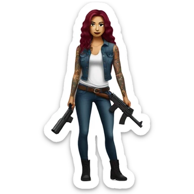 Beautiful tattooed burgundy long haired woman with a gun sticker