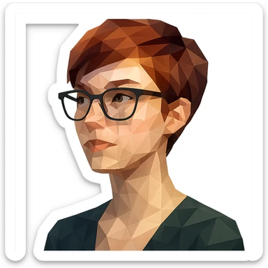 polygonal style woman in her 20s with auburn pixie cut (side part) and glasses sticker