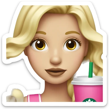 blonde with bright green eyes drinking pink starbucks wearing a pink bow in long wavy blonde hair sticker