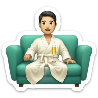 A Korean man in a bathrobe on the sofa with a glass of champagne sticker