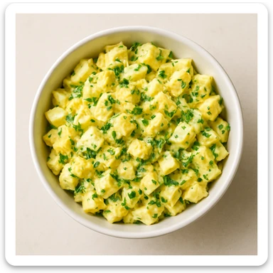 bowl of egg salad, chopped eggs and herbs, appetizing, minimal background sticker