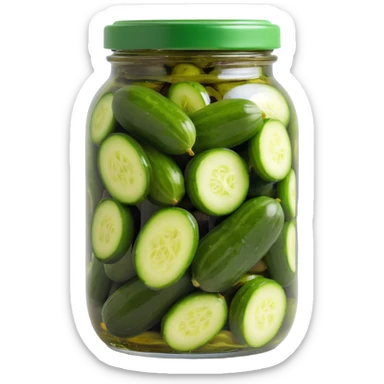 transparent glass jar filled with green pickled cucumbers, visible brine inside, tightly sealed smooth shiny dark green lid contrasting with lighter green pickles sticker