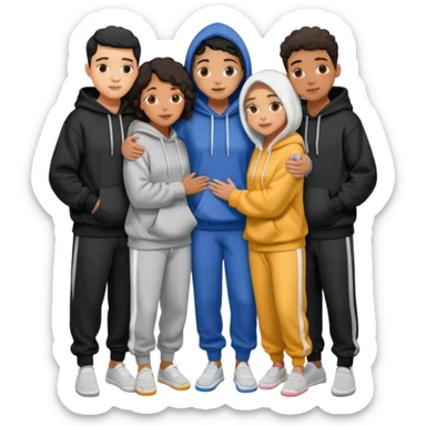 four mixed race friends all wearing oversized hoodies, sweatpants, and slides huddled together hugging sticker
