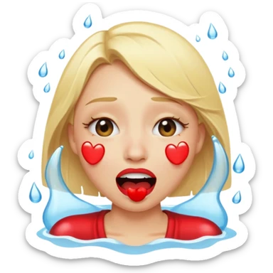 blonde having crying emoji tears (water-emoji) from hard laughter. really happy in general, happy eyes and open mouth. red lipstick sticker