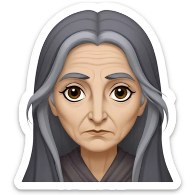 Mirri Maz Duur is a weathered, age 50 Lhazareen woman with deep-set dark eyes, high cheekbones, and a sharp nose, giving her a stern, knowing expression. Her long, unkempt dark hair streaked with gray falls loosely over her shoulders sticker