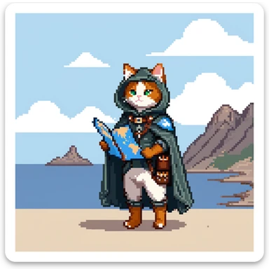 Cat explorer holding map, mountain landscape with stars, wearing explorer gear with cloak blowing in wind, gazing at horizon sticker