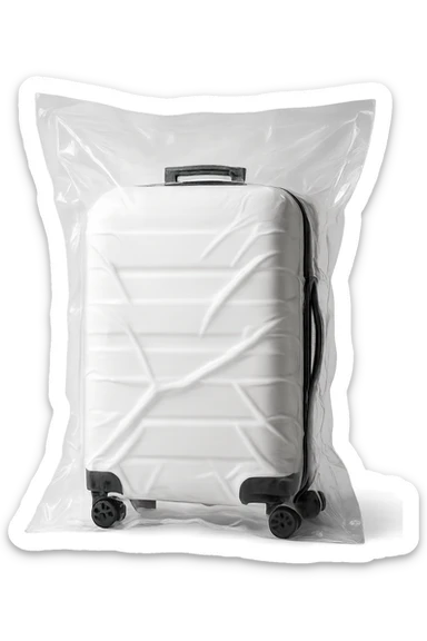 white suitcase on wheels, vacuum sealed style, soft shadows and highlights, pure white color, transparent background, no decoration sticker