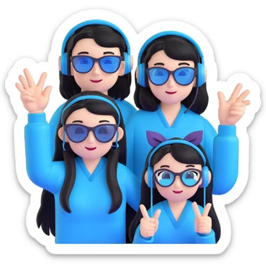 Gojo Satoru and his female protégé, both making peace signs, playful and energetic, Gojo with black shades and icy-blue eyes, protégé with long black hair, twin bows, cropped black top with cyan accents, blue headphones, sparkly background sticker