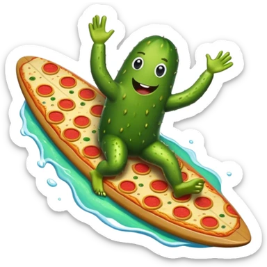 a pickle riding surfboard eating pizza in space sticker