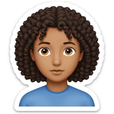 This is a cartoon-style avatar of a person with dark light curly hair, brown skin, and a calm expression sticker