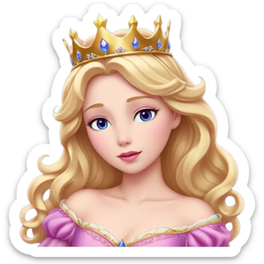 Cinematic Realistic Sleeping Beauty (Aurora) Portrait, with porcelain-like skin featuring a natural rosy flush, illuminated by soft lighting that highlights the gentle contours of her face. Her golden blonde hair flows in soft, detailed waves with subtle highlights that shimmer in the light. Her deep violet-blue eyes radiate warmth and innocence, framed by arched brows and long lashes. Her serene expression exudes quiet elegance. She is dressed in her classic pink gown, the fabric rich in texture with delicate folds that catch the light. A golden crown rests atop her head, gleaming with royal refinement. The portrait captures a soft, glowing aura, blending realism with an ethereal sense of beauty and timeless enchantment. sticker