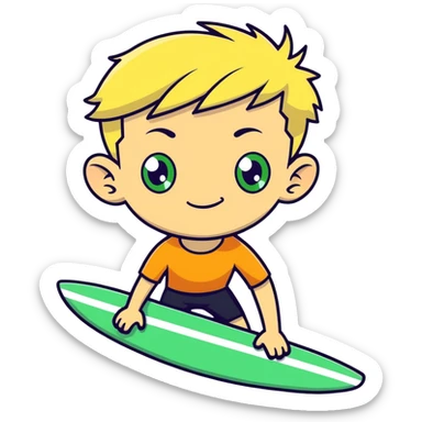 a blonde surfer boy with hair up to ears and has green eyes  sticker