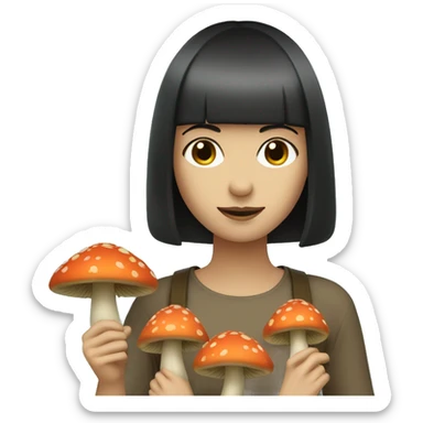 female with fair skin, dark bob and a fringe is picking up mushrooms sticker