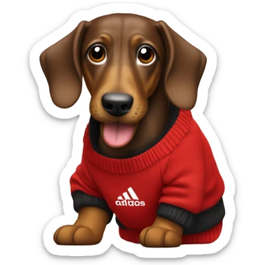 Dackel mit einem roten Adidas Pullover der sich freut sticker