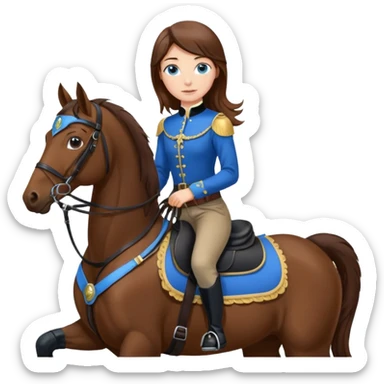 A brown hair, blue eyes girl riding a bay horse with black saddle and bridle sticker